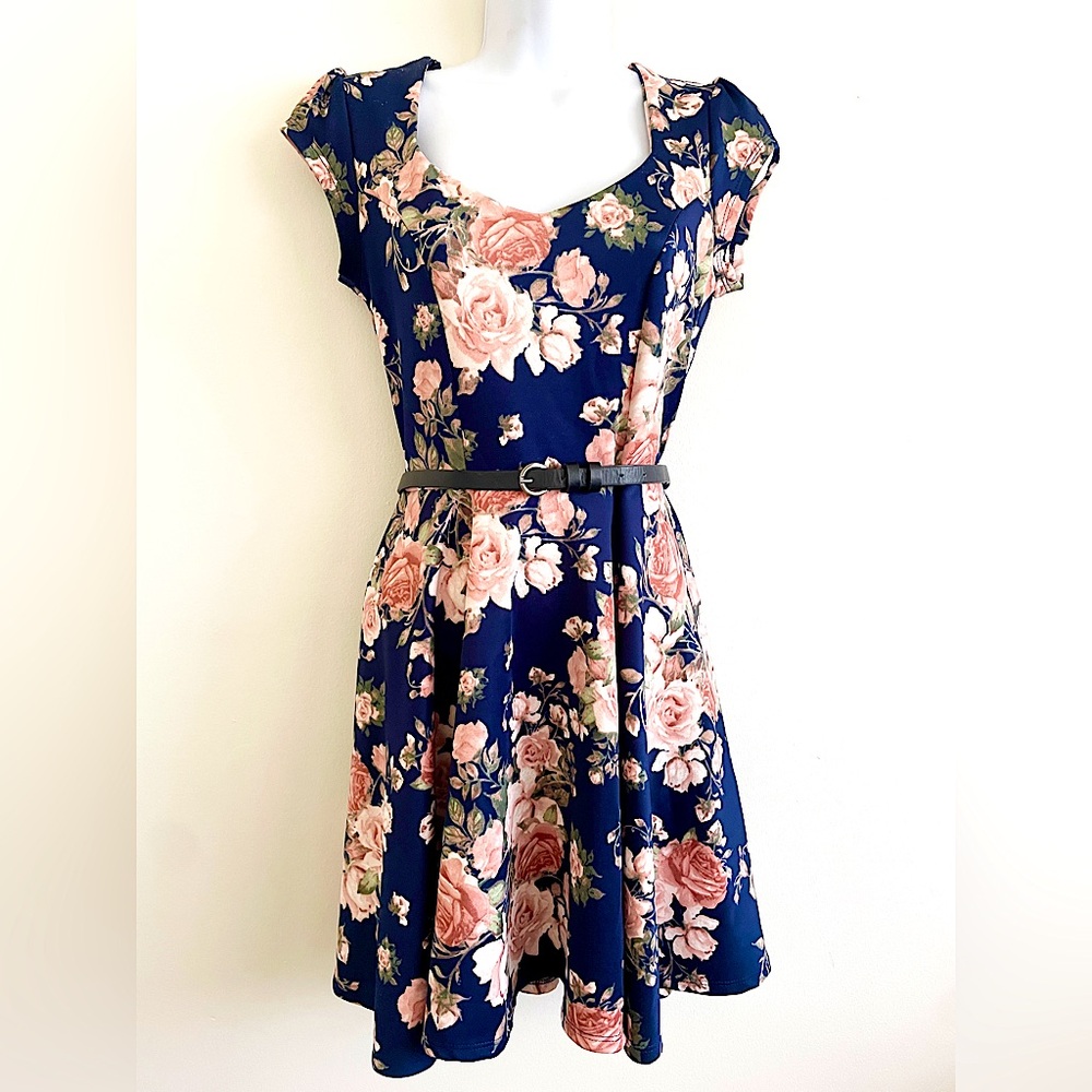 Navy Blue Floral A-Line Summer Dress